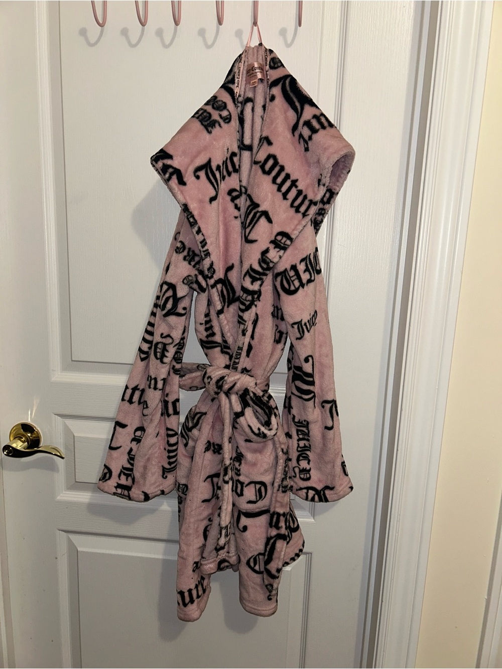 Juicy Couture Pink Hooded Plush Robe with Black Script